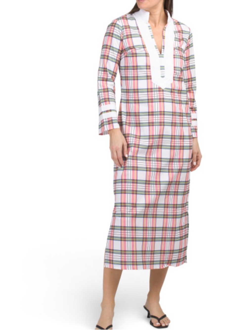 Sail To Sable Pink Plaid Long Sleeve Midi Dress with White Trim